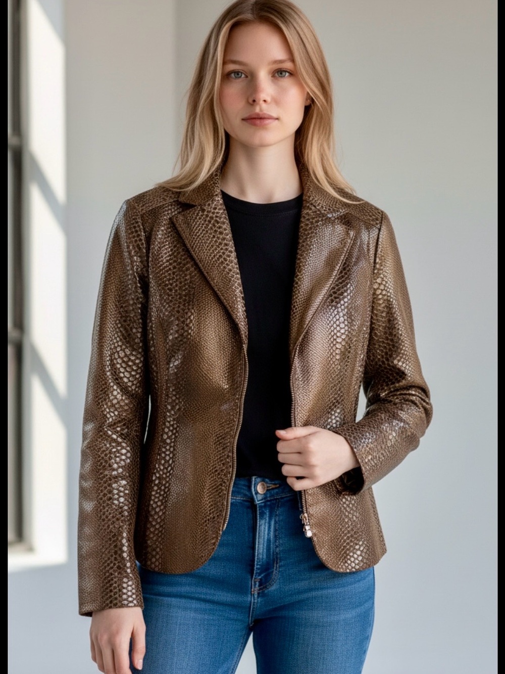 Dismero Vintage Italian Snakeskin Embossed Brown Blazer Jacket